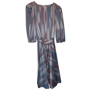 Vintage 70s‎ Sears Striped Midi Dress Bishop Sleeves Size 18 Made in USA